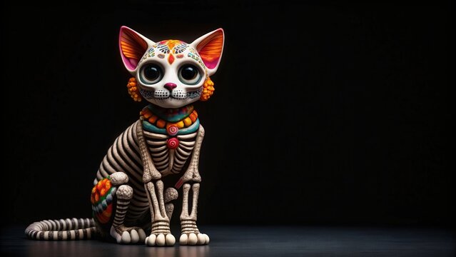 of a cute cat skeleton in Day of the Dead colors on black background, Day of the Dead, Mexican, culture, skeleton, cat