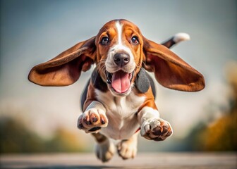 Adorable brown and white basset hound puppy leaps into air with outstretched paws and wagging tongue, capturing joyful innocence and playful energy in motion.