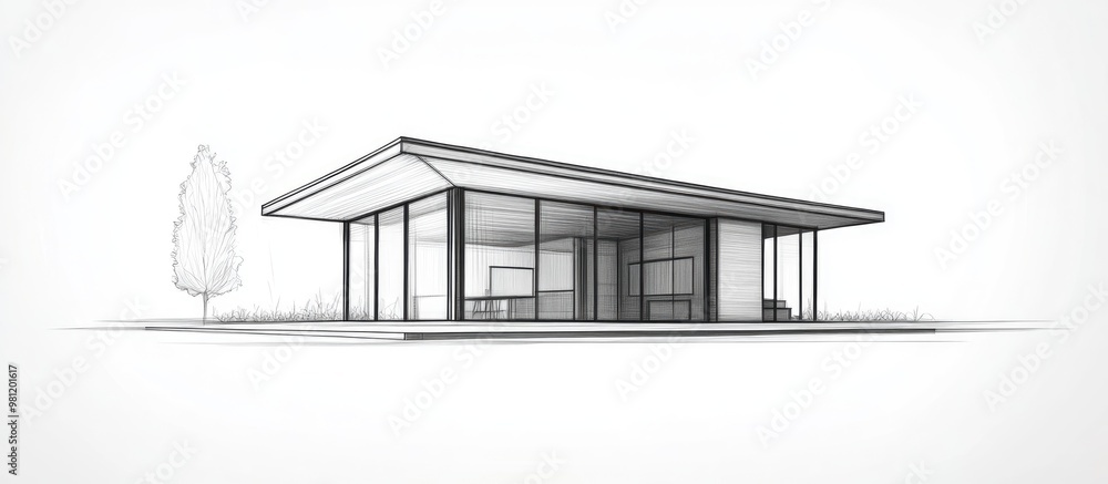 Poster minimalist black linear sketch of a modern flat roof house or commercial building in a drawing style