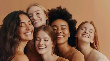 Fototapeta premium Diversity, beauty, and natural with women friends in the studio on a beige background to promote skincare. Portrait, face, and smile with a happy female and friend group indoors for luxury 