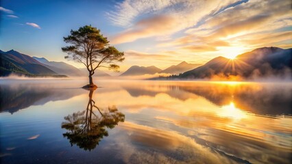 Tranquil mountain lake at sunset with vibrant colors, a solitary tree, and rising mist , sunset, mountain, lake, vibrant