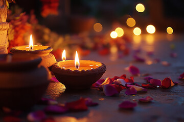 Celebrating Diwali festival, candles in temple with colorful background