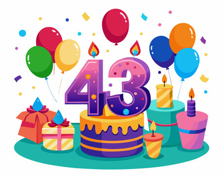 43rd Birthday Vector With Cake, Balloons And Confetti