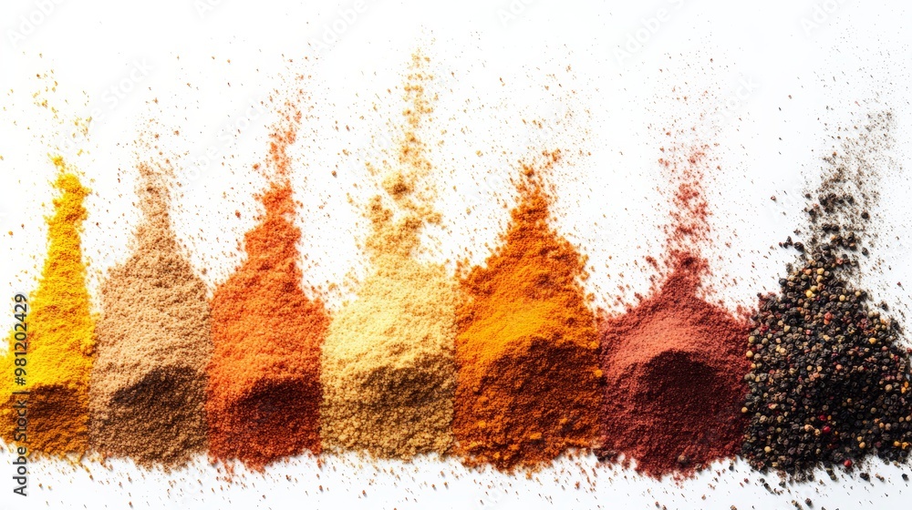 Poster colorful array of various spices in powder form arranged in rows, showcasing culinary diversity and 