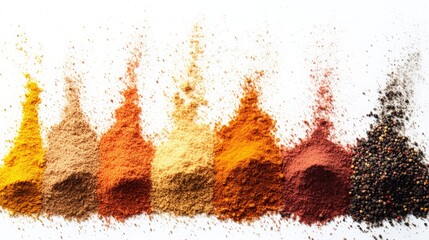 Colorful array of various spices in powder form arranged in rows, showcasing culinary diversity and vibrancy on a white background.