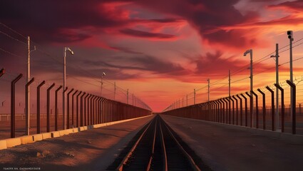 The photograph portrays a surreal and vivid scene of two countries divided by a rusted fence and barbed wire. It is set against a fiery sunset evening sky, with warm golden hues and deep crimson tones