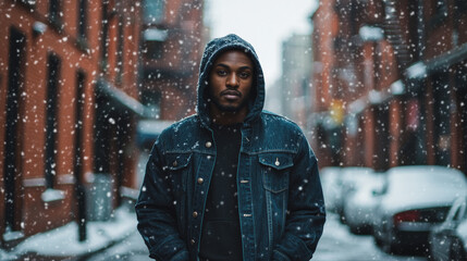 A young Black man in a denim jacket stands in an urban street during a snowfall. The atmosphere is moody, with snow falling gently, creating a sense of solitude and contemplation.