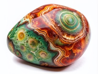 Vibrant Pumi coloured stone with unique swirling patterns and earthy tones isolated on a clean white background, showcasing its natural beauty and texture.