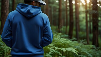 Blue color hoodie mockup on green forest background. Hoodie stylish mockup for all usual purpose. Winter hood design. Premium quality design mockup. Branding social media post design. 