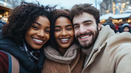 Fototapeta premium Three people smiling, dressed warmly, standing outdoors in a winter setting with holiday lights in the background, suggesting a festive atmosphere. Two are Black women, and one is a White man.