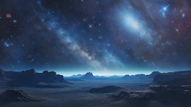 Dark blue night sky in outer space with shining stars and shooting stars
