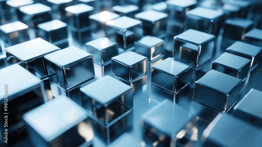 Poster 3d render featuring basic geometric shapes with reflective metal surfaces and cubes ideal for abstra
