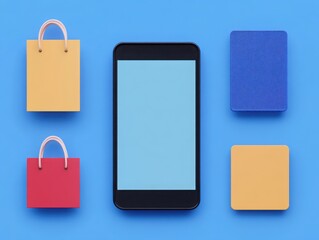 A smartphone surrounded by colorful shopping bags and geometric shapes on a bright blue background.