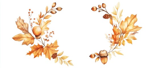 Elegant circular frame or border adorned with vibrant fallen oak leaves acorns maple leaves chestnuts berries and various other simple foliage