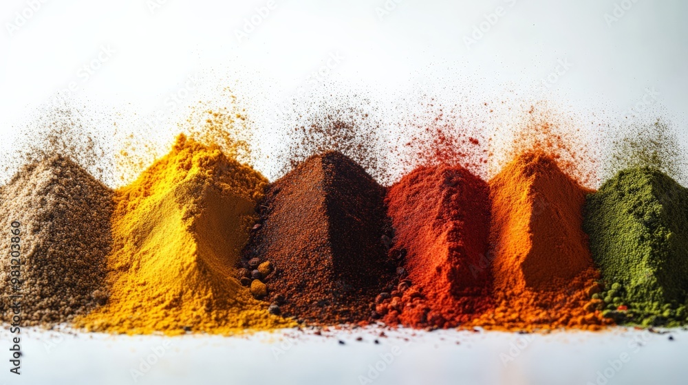 Poster colorful piles of various spices neatly arranged in a row on a white background, showing vibrant and