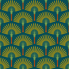 Boho Art Deco Fans Traveler's Jungle Palm Trees yellow green Pattern. Joyful retro Art Deco style geometric tropical fan trees in yellow, emerald green, light green, brown.