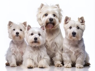 Adorable bundle of white highland terrier dogs in various poses, sitting, standing, lying, isolated on pure white background, cute canines showcase breed's friendly nature.