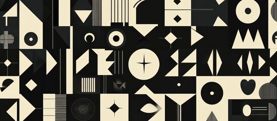 Mosaic representation featuring black flat geometric shapes including triangles stars rectangles circles ellipses segments sectors rhombuses squares and polygons