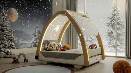 Naklejka premium A cozy bedroom designed for children features a uniquely shaped canopy bed surrounded by plush toys, illuminated against a starry night sky with a snowy landscape