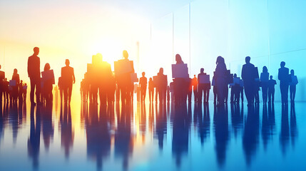 Fototapeta premium 3D Plain Gradient Soft Background with Silhouetted Poll Workers in Vote Counting Activities - Light to Dark Blue Gradient - Ideal for Election Process Messaging
