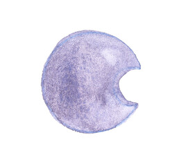 Abstract blue circle with textured surface and bite mark on white background. Letter C