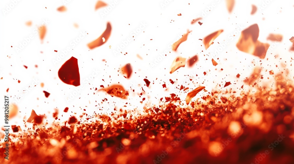 Poster dynamic and vibrant close-up of red particles exploding into the air, creating a dramatic and energe