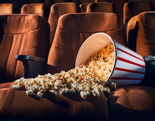  Spilled popcorn in an empty theater – A spilled popcorn bucket on a seat in an empty ci_1(379)