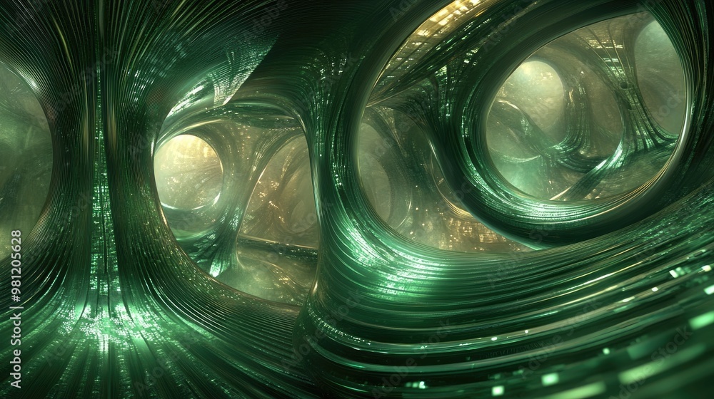 Aufkleber surreal fractal image featuring smooth green lines in a magical dream like setting rendered in high 