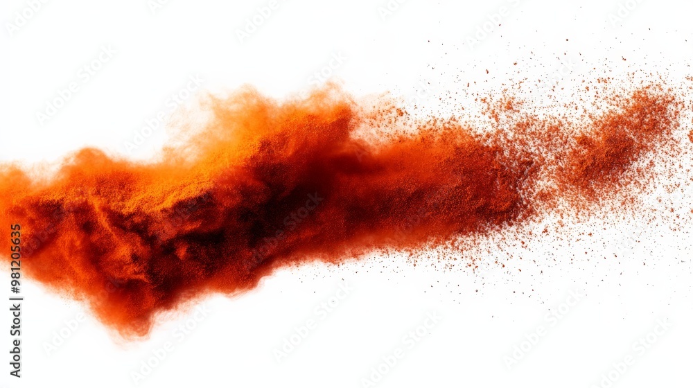 Poster dynamic burst of red powder against a white background, creating an energetic and vibrant splash of 