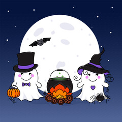 Two ghosts wearing bat and spider hats stand near a fire where a potion is cooking in a cauldron. Behind them is a large moon. Postcard, Halloween banner.  
