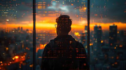 Silhouette of a man wearing glasses, looking at a cityscape during sunset. Digital data overlays the scene, symbolizing technology and modern life