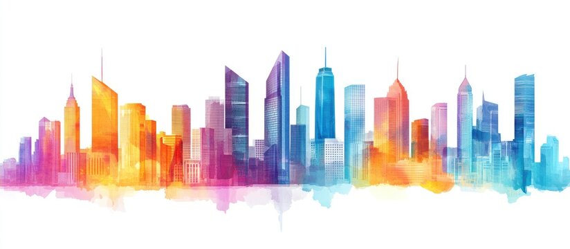 Modern architectural perspective of a cityscape on a clean white background showcasing a contemporary building within a vibrant skyline