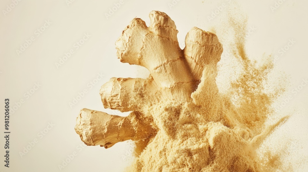 Poster dynamic close-up image of ginger powder explosion, capturing the vibrant texture and motion of powde
