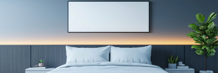 Minimalist bedroom interior with a white framed canvas above the bed.