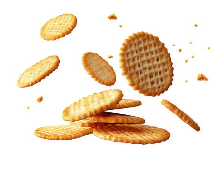 Crispy crackers falling with cracker flakes in the air isolated transparent and white background, dessert sweet concept, bread slices. HD image. AI generate image