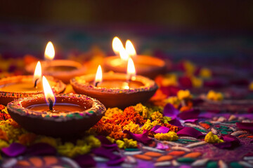Celebrating Diwali festival, candles in temple with colorful background