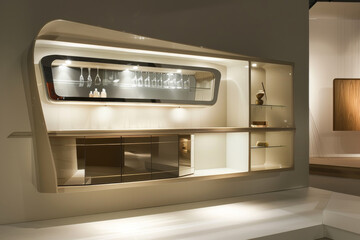 Obraz premium Modern style beige and white vanity with sleek design, featuring glass shelves and elegant lighting. This contemporary piece enhances any interior space with its stylish appeal