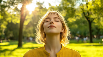 Serene woman enjoying fresh air and sunlight outdoors in green park - peaceful moment of relaxation and mindfulness.