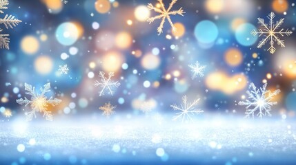Naklejka premium Colorful shiny winter background with snowflakes and bokeh light 