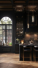 A stunning modern traditional kitchen featuring dark cabinetry, elegant lighting, and intricate woodwork. large window allows natural light to illuminate space, creating warm and inviting atmosphere