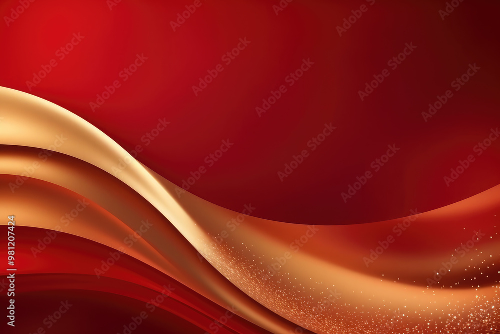 Poster golden wave flowing on red background with glitter particles, abstract design element for chinese ne