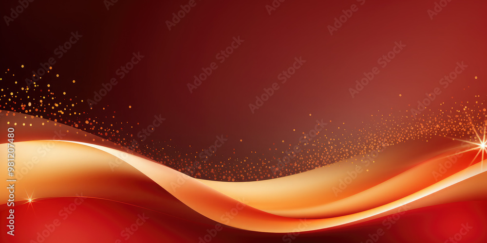Poster golden wave flowing on red background with glitter particles, abstract design element for chinese ne