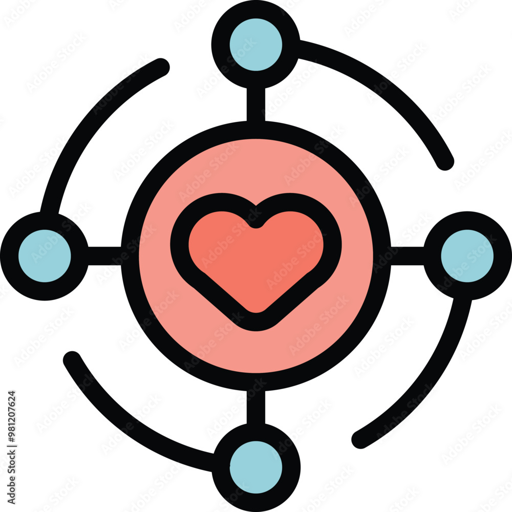Poster heart icon is connecting with four nodes in a network, symbolizing the concept of love in the digita