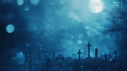 Obraz premium Full moon shining over a rainy graveyard at night, background