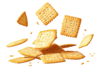 Crispy crackers falling with cracker flakes in the air isolated transparent and white background, dessert sweet concept, bread slices. HD image. AI generate image