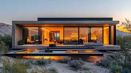 Fototapeta premium Create a stylish modern home with angular architecture, featuring solar panels that reflect the intense desert sunlight