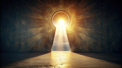 Light shining through a mysterious keyhole, revealing a hidden world, Rendering,keyhole, mystery, secret, light, shining