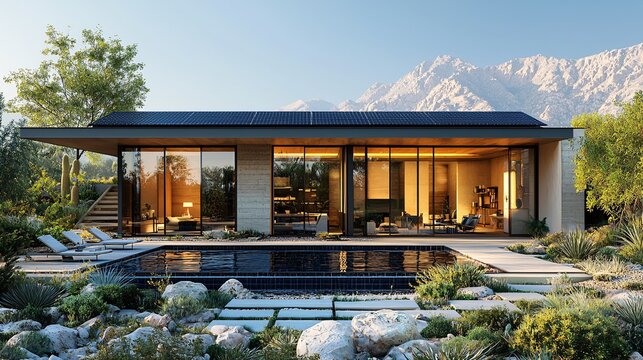 Render a high-tech desert home with sleek solar panels installed on both the roof and the surrounding ground, maximizing energy efficiency