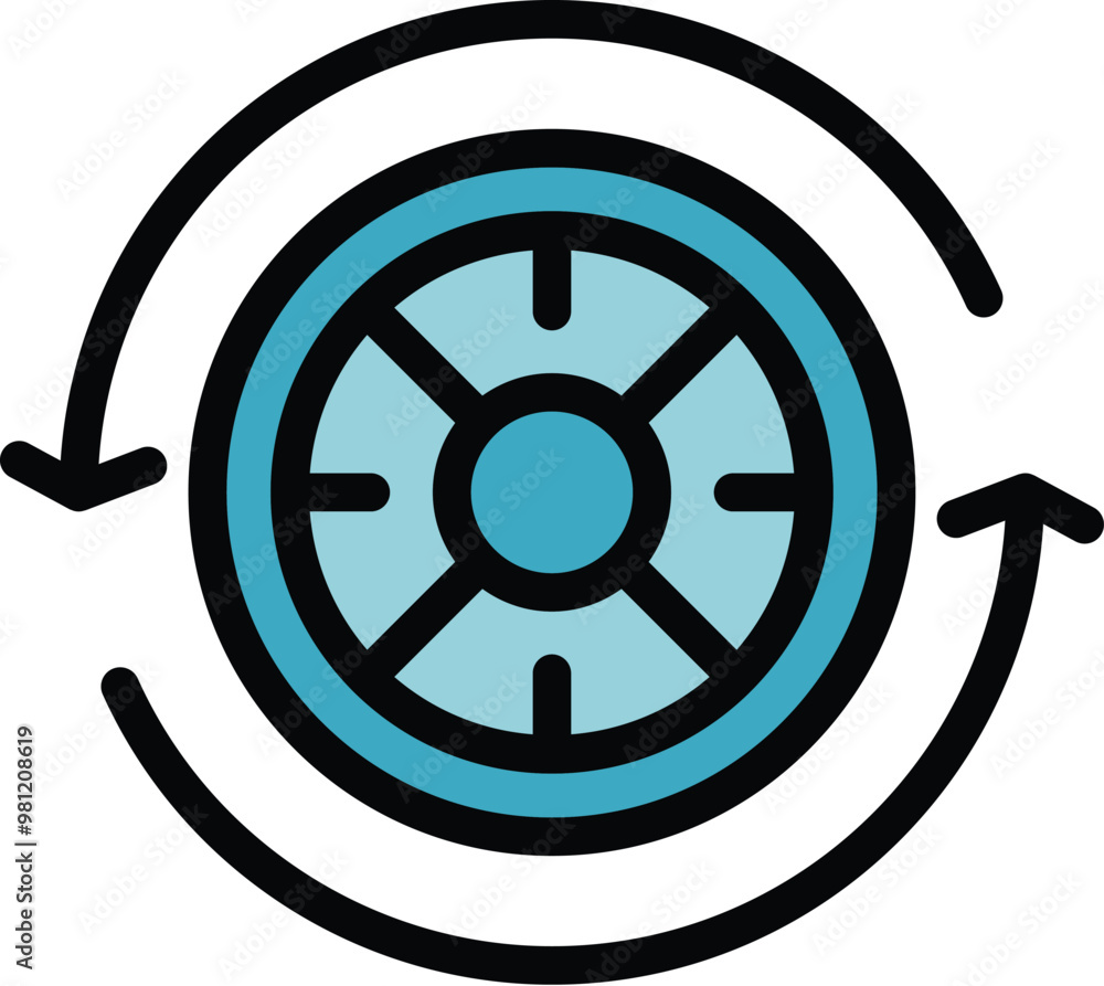 Poster round blue icon of a combination safe lock with two arrows rotating around it representing a recurri