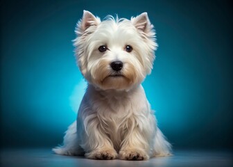 Adorable West Highland White Terrier with fluffy coat and big brown eyes sitting cute on a bright blue background waiting for your personalized message.